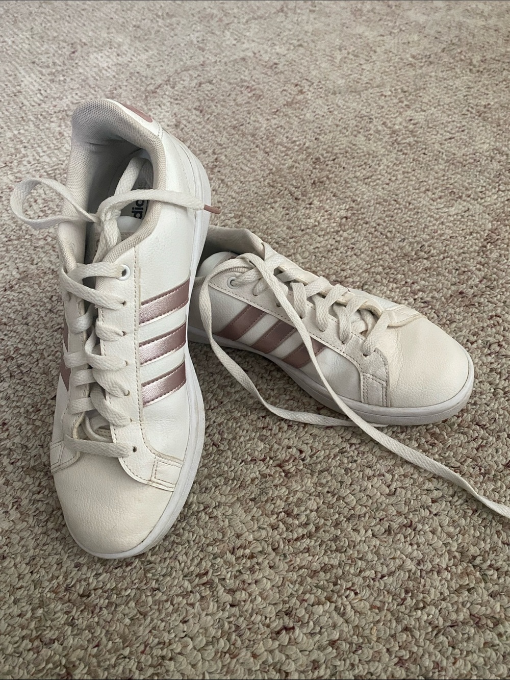 adidas Women's White Sneakers with Pink Metallic Stripes
